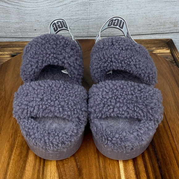 UGG Oh Fluffita Platform Genuine Shearling Slingback Slipper Sandal Shade Purple - Picture 8 of 12